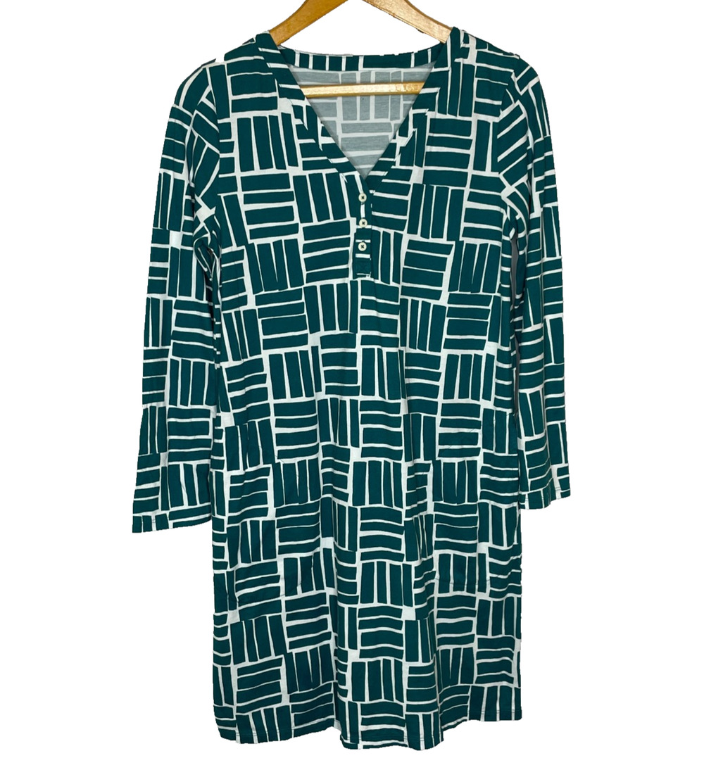 Women's Small Garnet Hill Organic Cotton Blue Button Lounge Dress Pajama